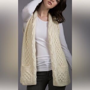 KILRONAN IRELAND KNITWEAR MERINO WOOL CREAM CABLE KNIT OPEN FRONT VEST SZ S-L